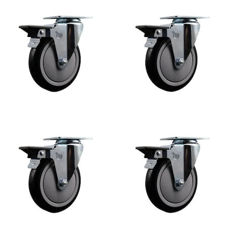 Service Caster 5'' Black Poly Wheel Swivel Top Plate Caster Set Posi Brake, 4PK SCC-20S514-PPUB-BLK-PLB-4